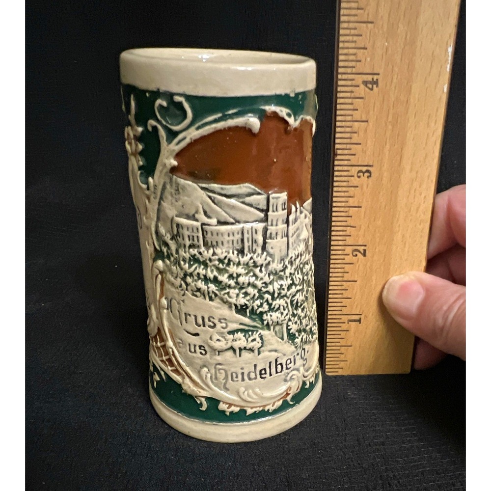 Vintage Heidelberg Germany Breweriana Beer Stein Green Brown Relief Scene 1/6L